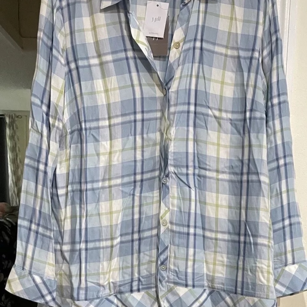 J Jill Womens PM Button Up Blouse Long Sleeve Multicolor Check Preppy Autumn NWT